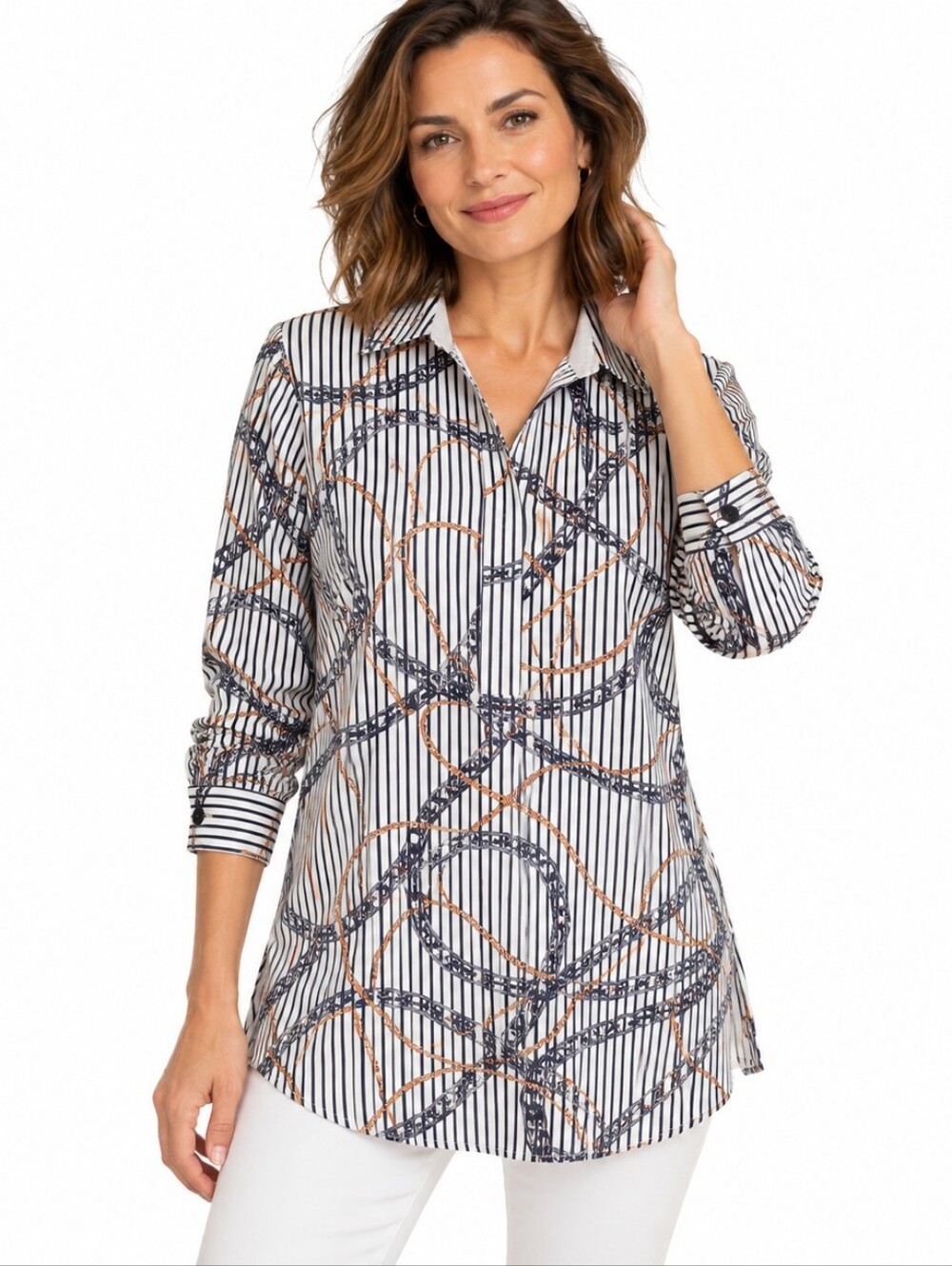 Chico’s Button Front Shirt 6 White Striped Chain Print No Iron Stretch